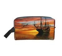 Bolsa de viaje con diseño de barco de crucero navegando en el océano con puesta de sol, organizador de maquillaje para mujeres y hombres, gran capacidad para cosméticos, accesorios, artículos de