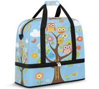 Bolsa de viaje con diseño de búhos, flores, árbol, para mujeres y hombres, bolsa de viaje para fin de semana, plegable, húmeda, separada, 47 L, bolsa de mano para deportes, gimnasio, yoga, color, 47