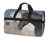 Bolsa de viaje con diseño de caballos blancos y negros para hombres, mujeres, niños, niñas, adolescentes, bolsa de gimnasio deportiva de gran tamaño con compartimento para zapatos, bolsa de
