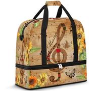 Bolsa de viaje con diseño de girasol, mariposa, notas musicales, para mujeres y hombres, bolsas de fin de semana, bolsas de noche plegables y húmedas separadas de 47 L para deportes, gimnasio, yoga,