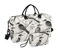 Bolsa de viaje con diseño de pájaro carpintero, color blanco y negro, bolsa de viaje con bolsa de aseo para avión, bolsa impermeable para mujer