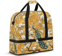 Bolsa de viaje con diseño de pavo real y flores, para mujeres y hombres, bolsa de viaje para fin de semana, plegable, húmeda, separada, 47 L, bolsa de mano para deportes, gimnasio, yoga, color, 47 L,
