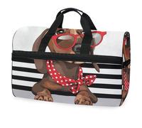 Bolsa de viaje con diseño de perro salchicha con gafas de sol rojas sobre un fondo a rayas para hombres, mujeres, niños, niñas, adolescentes, bolsa deportiva de gran tamaño con compartimento para