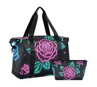 Bolsa de viaje con diseño de rosas fluorescentes de neón rojo y azul con correa ajustable para senderismo, gran capacidad, Rosas fluorescentes de neón rojo y azul, 1 size