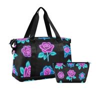 Bolsa de viaje con diseño de rosas fluorescentes de neón rojo y azul con correa ajustable para yoga, impermeable, Rosas fluorescentes de neón rojo y azul, 1 size