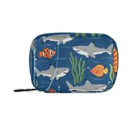 Bolsa de viaje con diseño de tiburones de dibujos animados, fondo azul marino, con compartimentos desmontables, práctica funda organizadora con cremallera para bolso