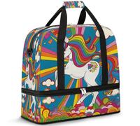 Bolsa de viaje con diseño de unicornio arcoíris para mujeres y hombres, bolsa de viaje para fin de semana, bolsa de noche, plegable, húmeda, separada, 47 L, bolsa de mano para deportes, gimnasio,