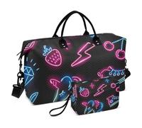 Bolsa de viaje con diseño de unicornios de neón de colores fluorescentes, bolsa de mano para fin de semana con bolsa de aseo para deportes, juego de 2 piezas, Unicornios neón coloridos fluorescentes,