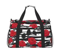 Bolsa de viaje con estampado de rosas rojas y negras y blancas, bolsa de viaje de 19.7 x 13 x 10.2 pulgadas, elegante bolsa para gimnasio