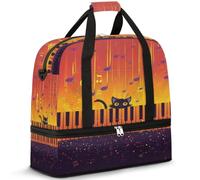 Bolsa de viaje con notas musicales, diseño de gato y piano para mujeres y hombres, bolsa de viaje para fin de semana, plegable, húmeda, separada, bolsa de mano de 47 L para deportes, gimnasio, yoga,