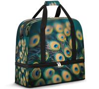 Bolsa de viaje con patrón de plumas de pavo real para mujeres y hombres, bolsa de fin de semana, plegable, separada, 47 L, bolsa de mano para deportes, gimnasio, yoga, color, 47 L, Organizador de