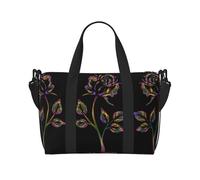 Bolsa de viaje cruzada de fin de semana con estampado de flores negras y doradas, adecuada para viajes, camping, picnics