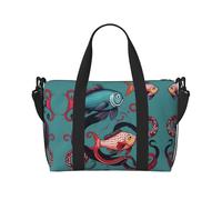 Bolsa de viaje cruzada de mano con pescado y pulpo, bolso de un solo hombro, bolsa de deporte y fitness, bolsa de fin de semana, bolsa de noche, negro, talla única, Negro, One size
