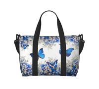 Bolsa de viaje cruzada para adultos, diseño de mariposas azules y flores blancas, adecuada para viajes, camping, picnics