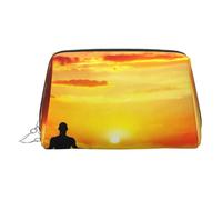 Bolsa de viaje de cuero de primera calidad con estampado de meditación y yoga, bolsa portátil e impermeable para maquillaje, Silver, Talla única