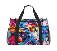 Bolsa de viaje de dibujo de graffiti con cremalleras y asas, bolsa de lona plegable grande para vacaciones familiares, Black, Talla única