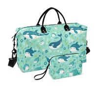 Bolsa de viaje de gran tamaño con diseño delicado de dibujos animados Orca verde para fin de semana con bolsa de aseo para entrenamiento, bolsa plegable para avión
