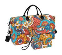 Bolsa de viaje de gran tamaño dibujada a mano con elementos florales para fin de semana, bolsa deportiva plegable con bolsa de aseo para gimnasio, avión, viajes, Elementos florales dibujados a mano, 1