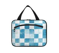 Bolsa de viaje de maquillaje colgante con diseño de cuadros azul claro y blanco con gancho, bolsas de diseñador para hombres y mujeres, estuche de viaje para guardar maquillaje, L