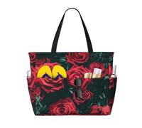 Bolsa de viaje de playa de gran capacidad con estampado de rosas rojas, con cremallera y bolsillos para viajes, vacaciones, gimnasio