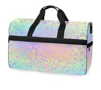 Bolsa de viaje de viaje con estampado de leopardo arcoíris para hombres, mujeres, niños, niñas, adolescentes, bolsa de gimnasio deportiva de gran tamaño con compartimento para zapatos, bolsa de