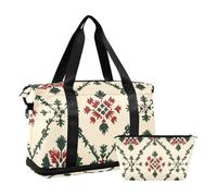 Bolsa de viaje estilo cabaña de color rojo y verde oscuro, bolsa de viaje para fin de semana/noche con bolsa de aseo para viajes en avión, juego de 2 piezas, Estilo cabaña de color rojo y verde