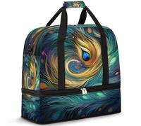 Bolsa de viaje étnica de plumas de pavo real para mujeres y hombres, bolsa de viaje plegable de plumas abstractas para deportes, gimnasio, fin de semana, noche, bolsa de cabina con compartimento para