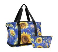 Bolsa de viaje grande con diseño de girasoles retro amarillos, bolsa de viaje grande con bolsa de aseo para deportes, juego de 2 piezas, Pintura al óleo con girasoles retro amarillos, 1 size