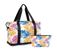 Bolsa de viaje impermeable con diseño de hojas moradas, azules y amarillas, bolsa de transporte para fin de semana con compartimento, Hoja morada, azul y amarillo, Talla única, Bolsa de viaje