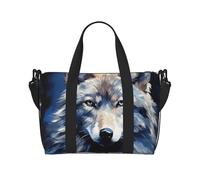 Bolsa de viaje para artículos personales, bolsa de equipaje de mano, bolsa de entrenamiento, ligera, impermeable, deportiva, bolsa de gimnasio, cabeza de lobo sobre fondo azul, bolsa de fin de semana