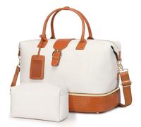 Bolsa de viaje para mujer, bolsas de fin de semana, bolsa de lona de piel sintética con compartimento para zapatos, bolsillo húmedo y bolsa de aseo para laptop de 15.6 pulgadas, marrón, beige,