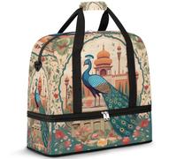 Bolsa de viaje para mujeres y hombres, flores étnicas, pavo real, fin de semana, bolsas plegables separadas para mojado, 47 L, bolsa de mano para deportes, gimnasio, yoga, color, 47L, Organizador de