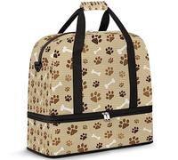 Bolsa de viaje plegable de 47 L con diseño de huesos de pata de perro, color marrón, bolsa de fin de semana con funda para carrito, bolsa de hombro separada para deportes, gimnasio, viajes,
