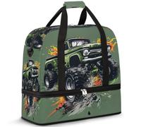 Bolsa de viaje plegable para mujeres y hombres, bolsa de fin de semana de 47 litros con funda para carrito de hombro separada, bolsa de hombro para deportes, gimnasio, viajes, camión monstruo de