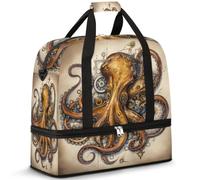 Bolsa de viaje plegable para mujeres y hombres, bolsa de fin de semana de 47 litros con funda para carrito de hombro separada, para deportes, gimnasio, viajes, náutica vintage, arte Octopu, color, 47