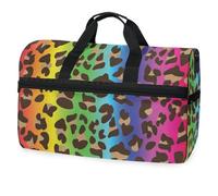 Bolsa de viaje retro de leopardo arcoíris para hombres, mujeres, niños, niñas, adolescentes, bolsa de gimnasio deportiva de gran tamaño con compartimento para zapatos, bolsa de entrenamiento para