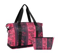 Bolsa de viaje sin costuras con diseño de lunares rosas y rayas negras, impermeable, para gimnasio, deporte, bolsa de transporte con compartimento, Floar rosa y rayas negras sin costuras, Talla única