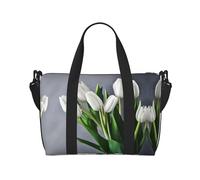 Bolsa de viaje versátil con estampado de flores de tulipanes blancos, el compañero para viajes de negocios y personales, color negro, talla única, Black, Talla única