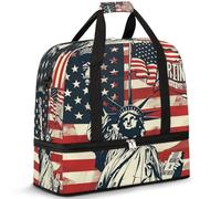 Bolsa de viaje vintage con bandera americana para mujeres y hombres, 4 de julio, estatua de la Libertad, plegable, deportiva, gimnasio, fin de semana, noche, bolsa de mano con compartimento para