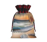 Bolsa de yute con cordón de puesta de sol sobre las olas con tela a cuadros y etiqueta de papel kraft, bolsa ligera y duradera