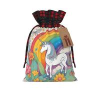 Bolsa de yute con cordón de unicornio de dibujos animados con tela a cuadros y etiqueta de papel kraft, bolsa ligera y duradera