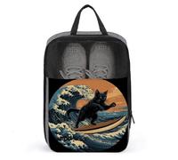 Bolsa de zapatos de golf con diseño de gato negro que surfea en la ola para viajes, uso diario, bolsa de almacenamiento antipolvo para zapatos de golf