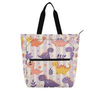 Bolsa decorativa para libros para niños y adultos, diseño de dibujos animados de dinosaurios, rayas moradas claras, resistente, bolsa de comestibles reutilizable con cremallera para la escuela