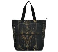 Bolsa decorativa para niños, niñas y mujeres, color negro y dorado, gótico, tarot, astrología, impermeable, resistente, reutilizable, bolsa de libros de biblioteca, bolsa de comestibles para la