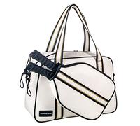 Bolsa deportiva de piel sintética blanca para mujer, bolsa de gimnasio, pickleball, bolsa de lona con bolsillo frontal para 2 palas, bolsillos interiores de almacenamiento, soporte de malla para