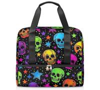 Bolsa deportiva de viaje con diseño de calavera de estrellas coloridas para mujeres y hombres, bolsa de viaje con compartimento para zapatos, bolsa de entrenamiento de gran capacidad, para fitness