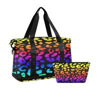 Bolsa deportiva de viaje para gimnasio, bolsa de viaje para fin de semana, bolsa de noche con bolsillo húmedo para zapatos y neceser, diseño de leopardo arcoíris para mujeres y hombres, multicolor