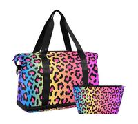 Bolsa deportiva de viaje para gimnasio, bolsa de viaje para fin de semana, bolsa de noche con bolsillo húmedo para zapatos y neceser, estampado de leopardo arcoíris para mujeres y hombres, multicolor