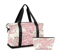 Bolsa deportiva de viaje para gimnasio, bolsa de viaje para fin de semana, bolsa de noche con bolsillo húmedo para zapatos y neceser, caballo blanco, flor rosa, para mujeres y hombres, multicolor