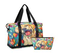 Bolsa deportiva de viaje para gimnasio, bolsa de viaje para fin de semana, bolsa de noche con bolsillo húmedo para zapatos y neceser, bonito y feliz perro labrador dorado claro para mujeres y hombres,